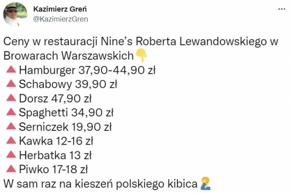 TWEET Kazimierza Grenia nt. cen w restauracji Lewandowskiego! :D